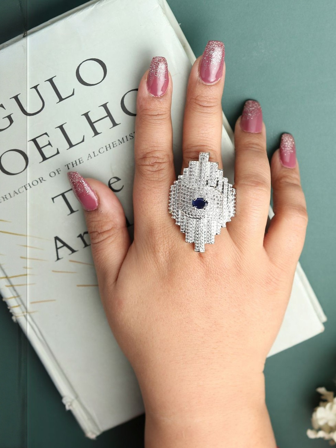 DIVASTRI Rhodium-Plated White and Blue CZ Studded American Diamond Adjustable Ring