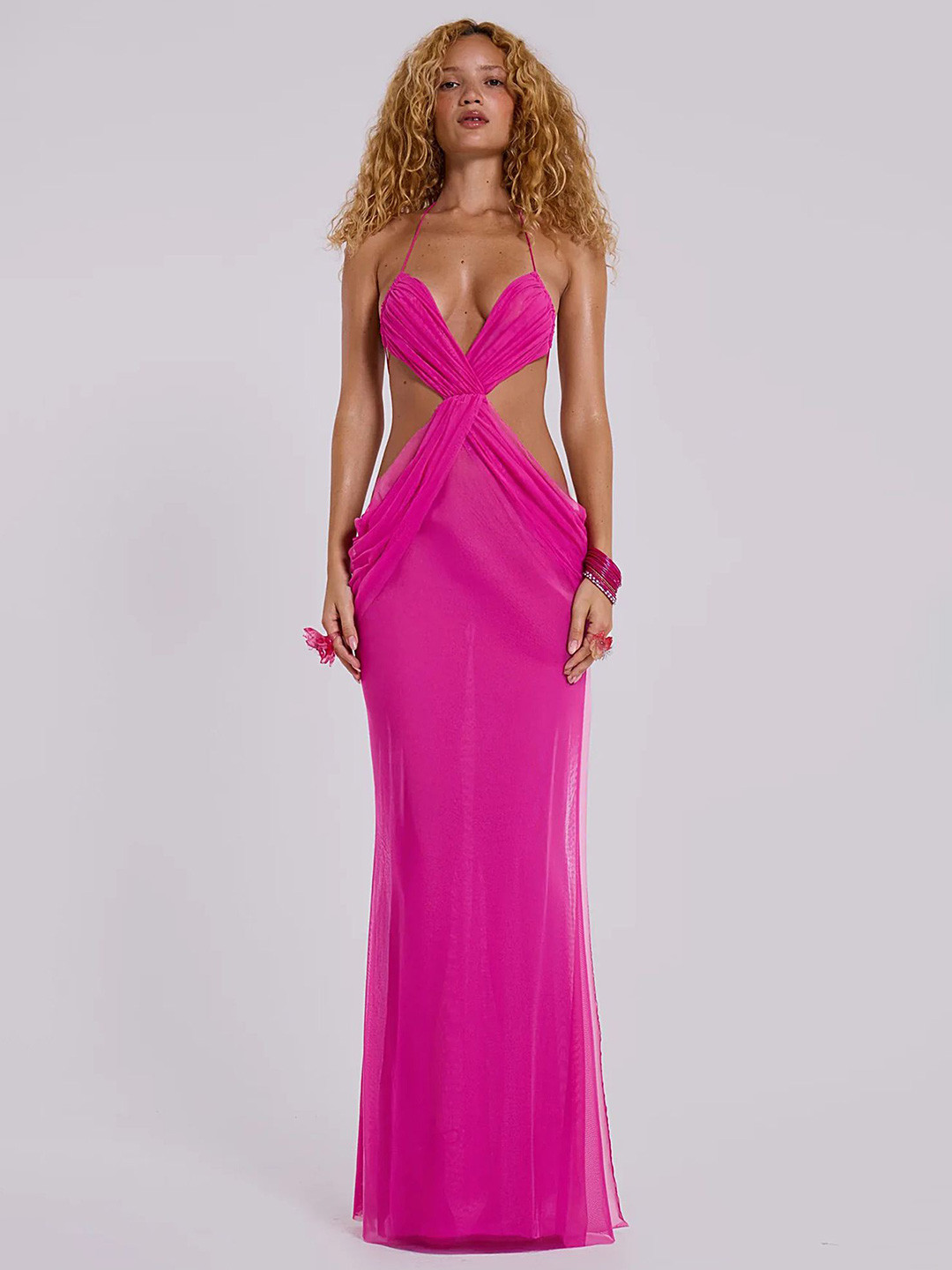 LULU & SKY Women Cut-Out Side Slit Backless Halter Neck Sheath Maxi Dress