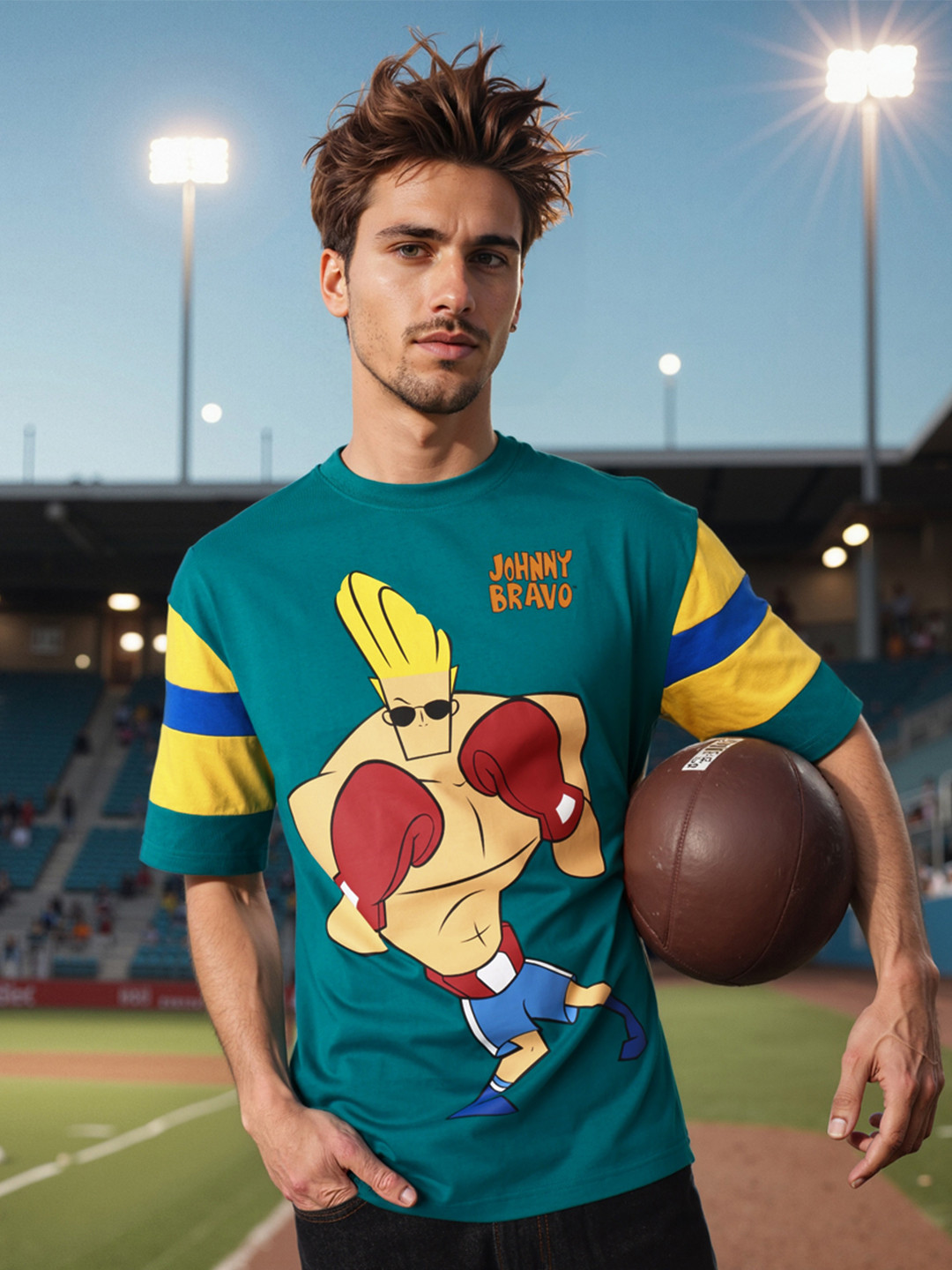 The Indian Garage Co Men Johnny Bravo Graphic Printed Round Neck Cotton Oversized T-shirt