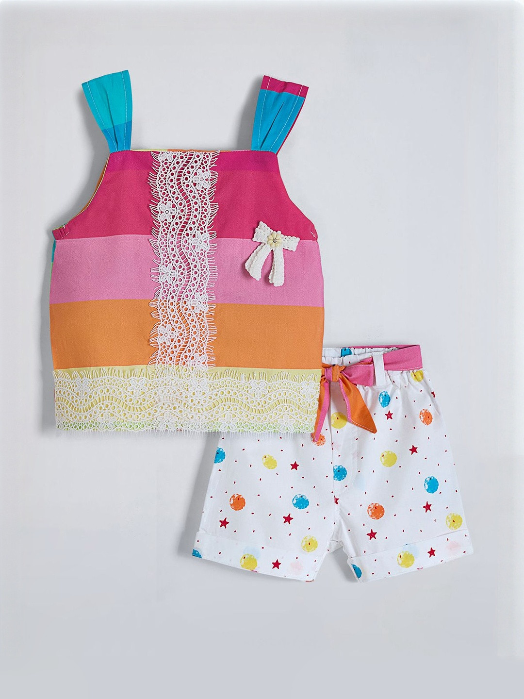 Hopscotch Girls Rainbow Stripe Lace Work Cotton Top With Shorts