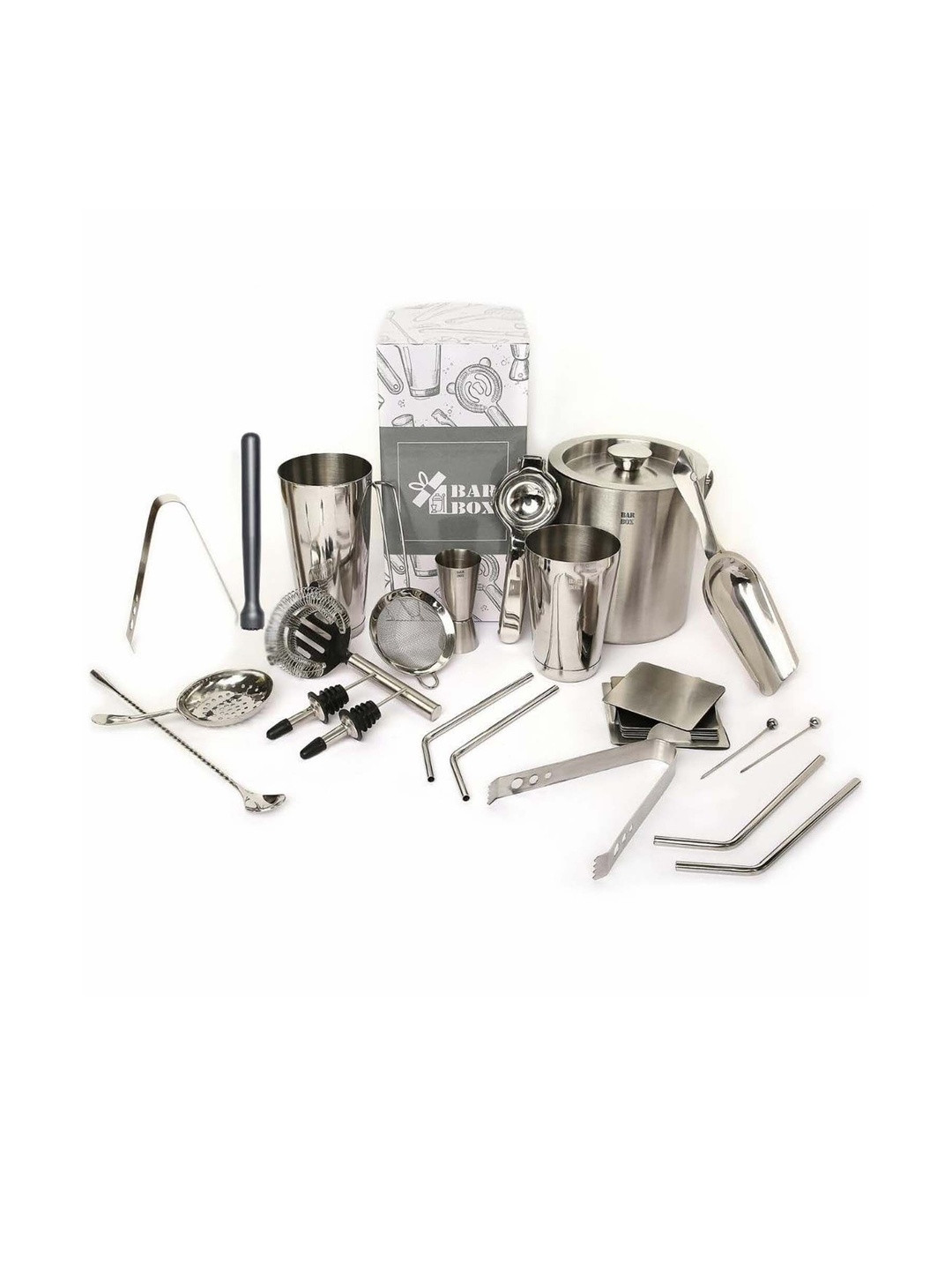 BAR BOX Silver-Toned 15 Pieces Stainless Steel Barware Tool Sets