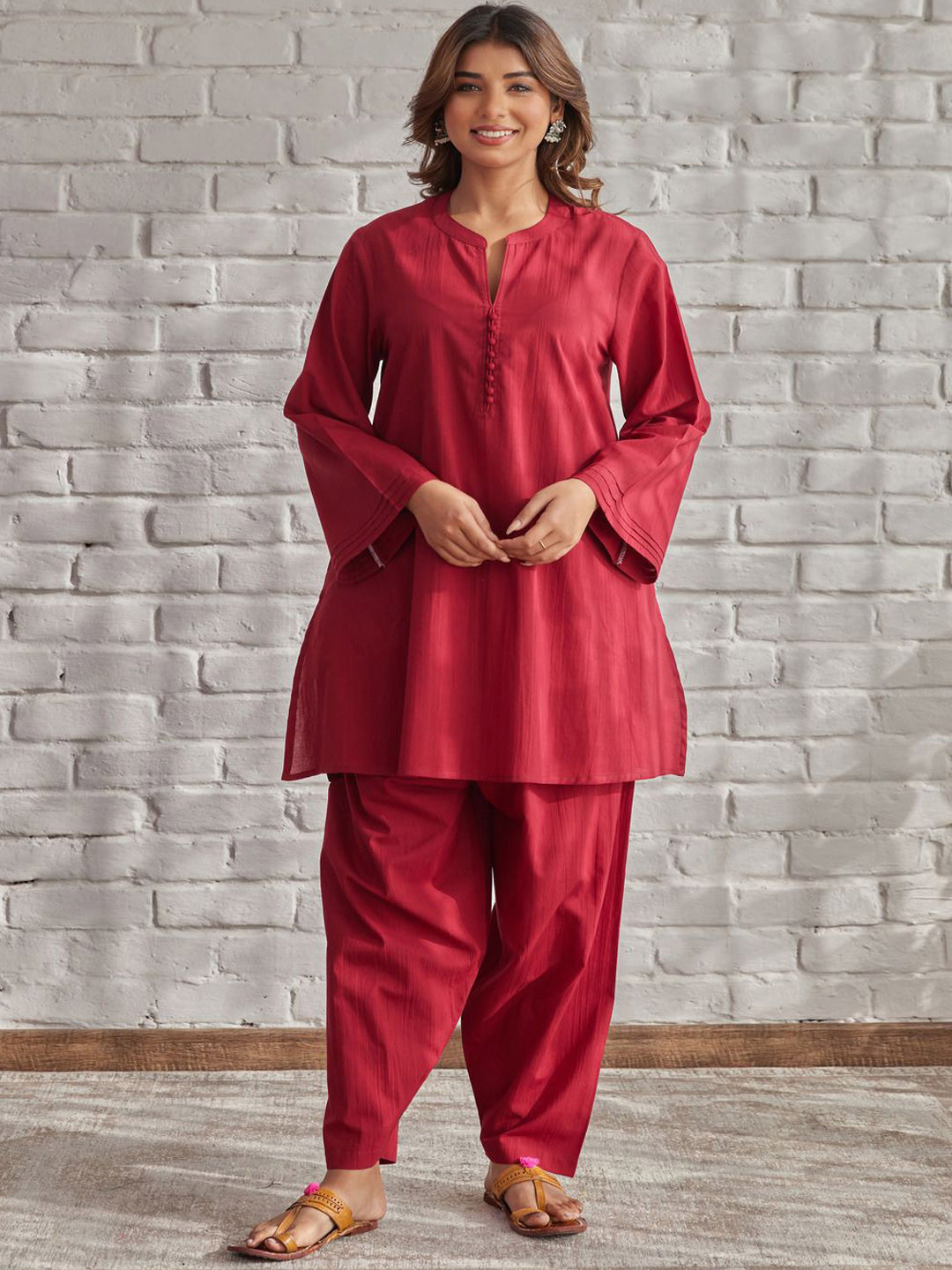 TARA-C-TARA Mandarin Collar Pure Cotton A-Line Kurta With Patiala