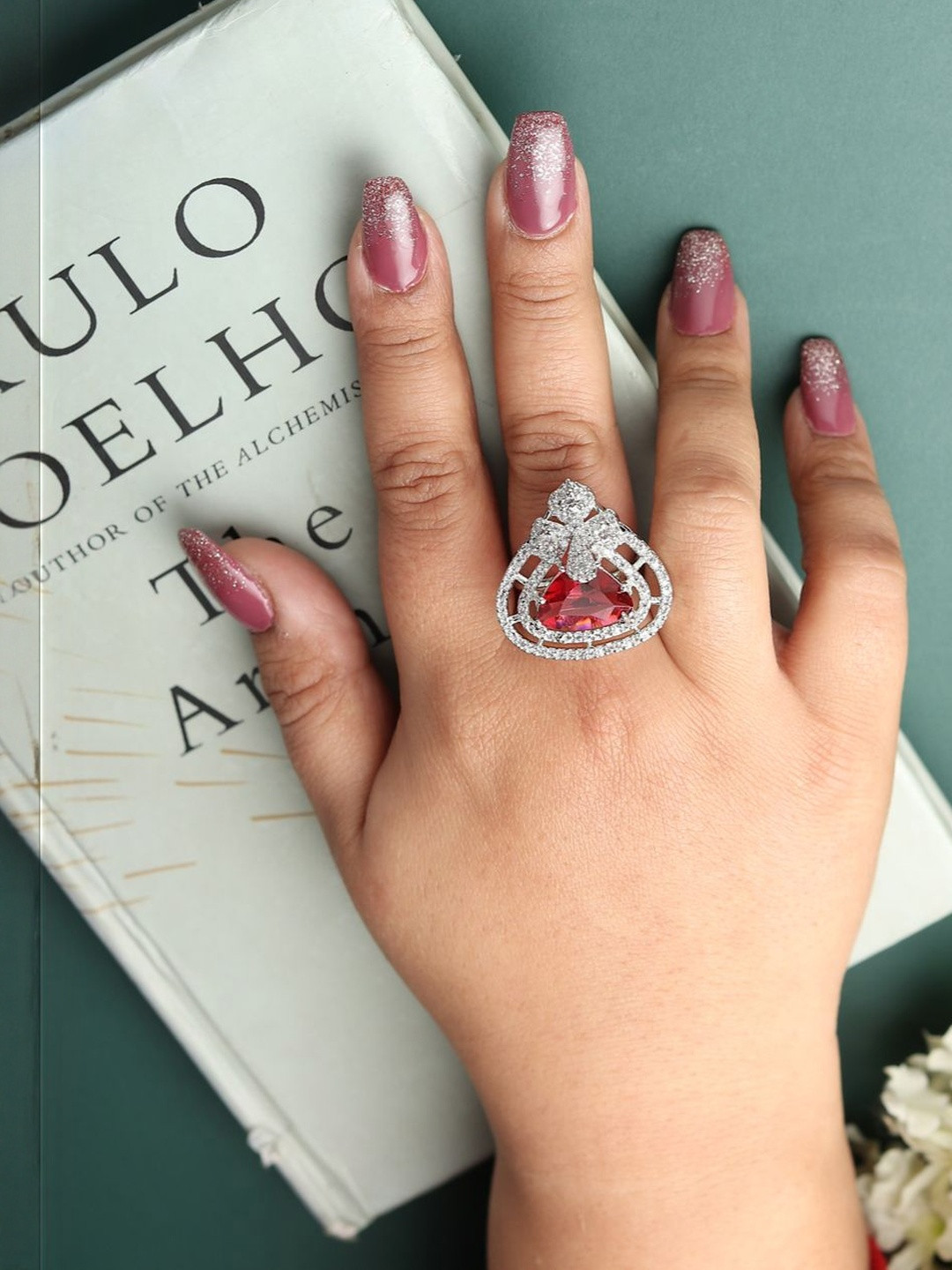 DIVASTRI Rhodium-Plated White and Ruby CZ Studded American Diamond Adjustable Ring