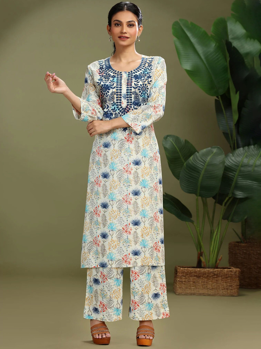 COTTON CULTURE Off White Roman Silk Embroidered Straight Kurta Pant Set