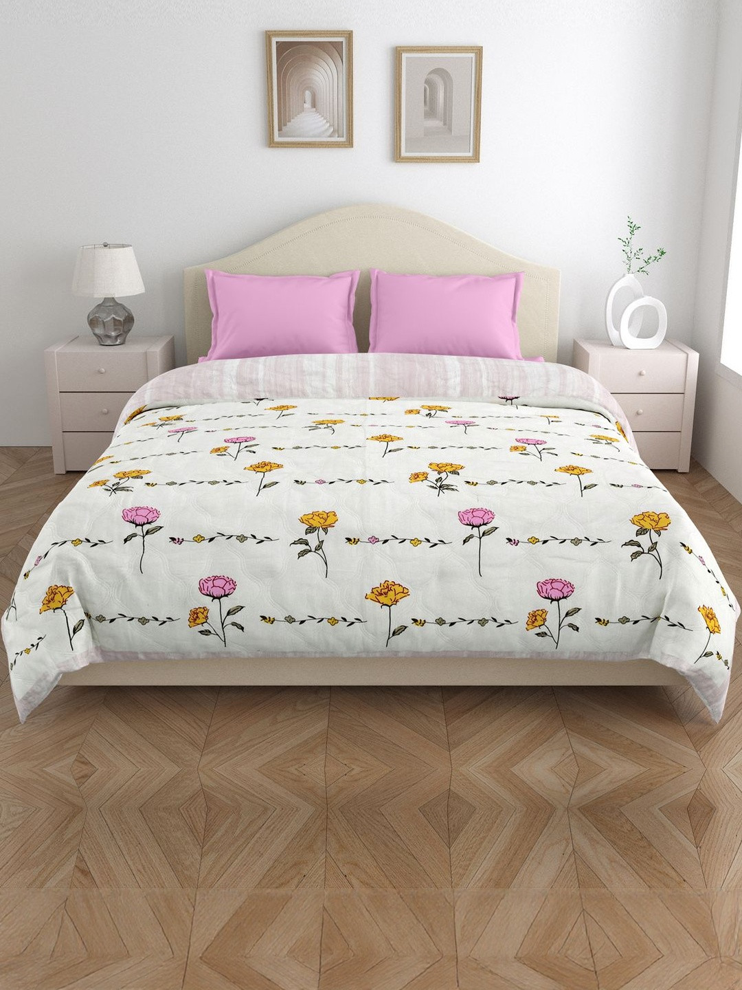 Home Fresh Pink & White Floral Microfiber AC Room 120 GSM Double Bed Comforter