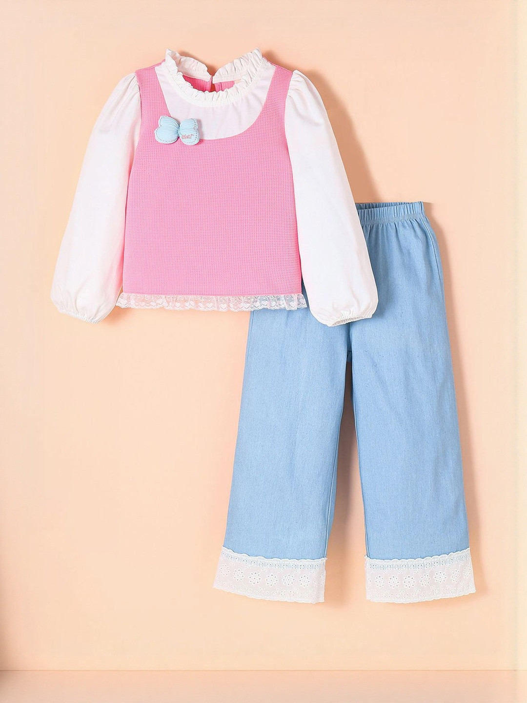 Hopscotch Girls Ruffle Neck Bow Detail Top With Lace Trim Trousers Clothing Set