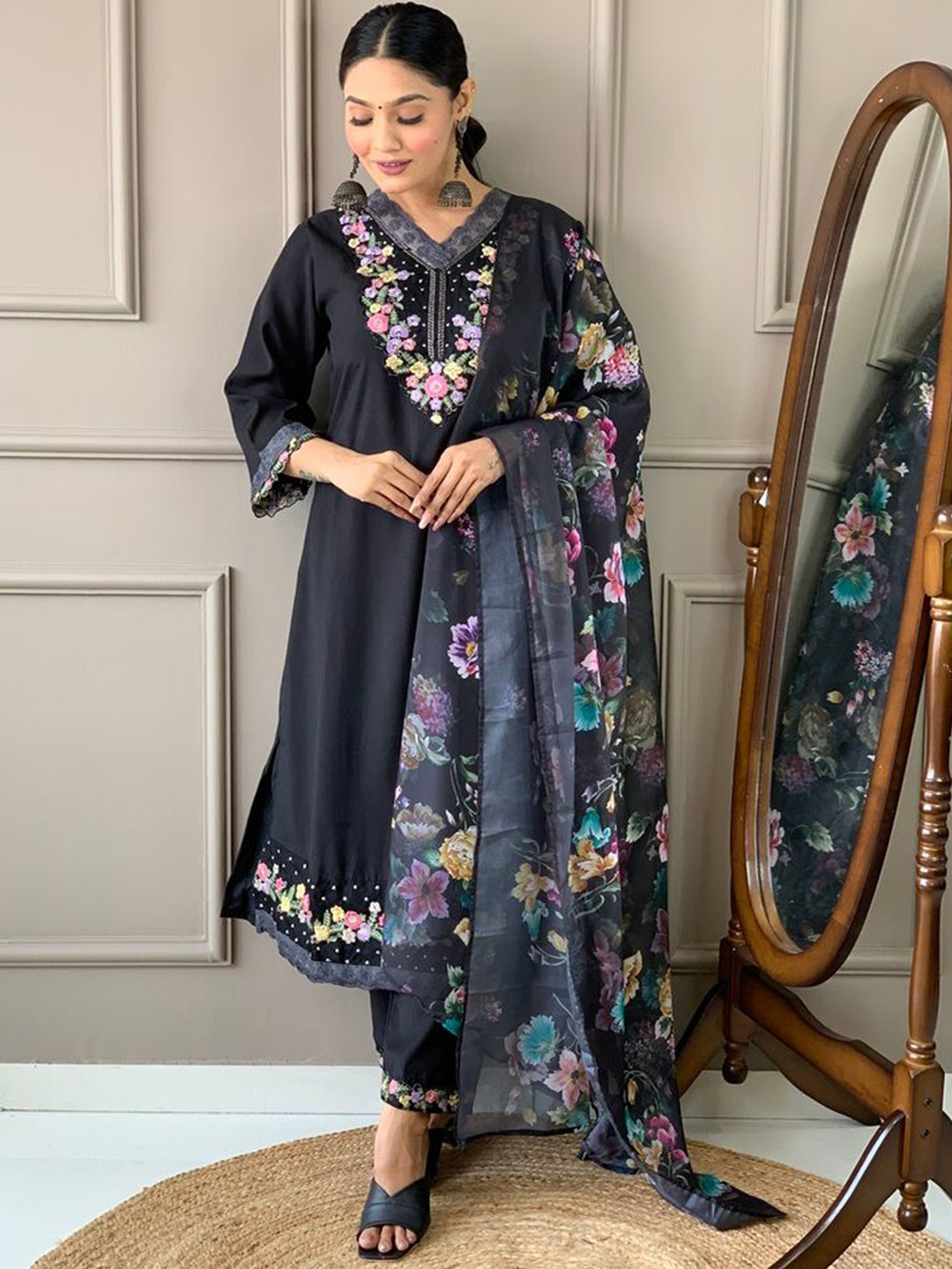AG TEXTILE Embroidered V-Neck Thread Work Pure Silk Kurta With Trousers & Dupatta