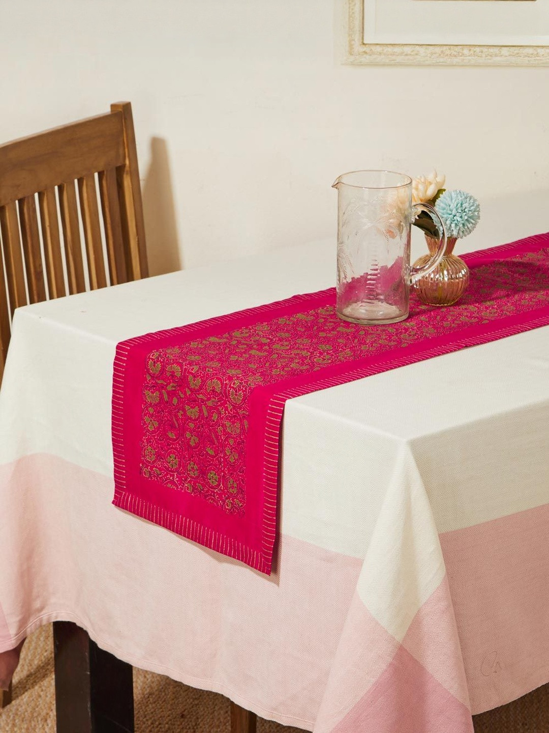Fabindia Naisha Pink & Green Printed Table Runner