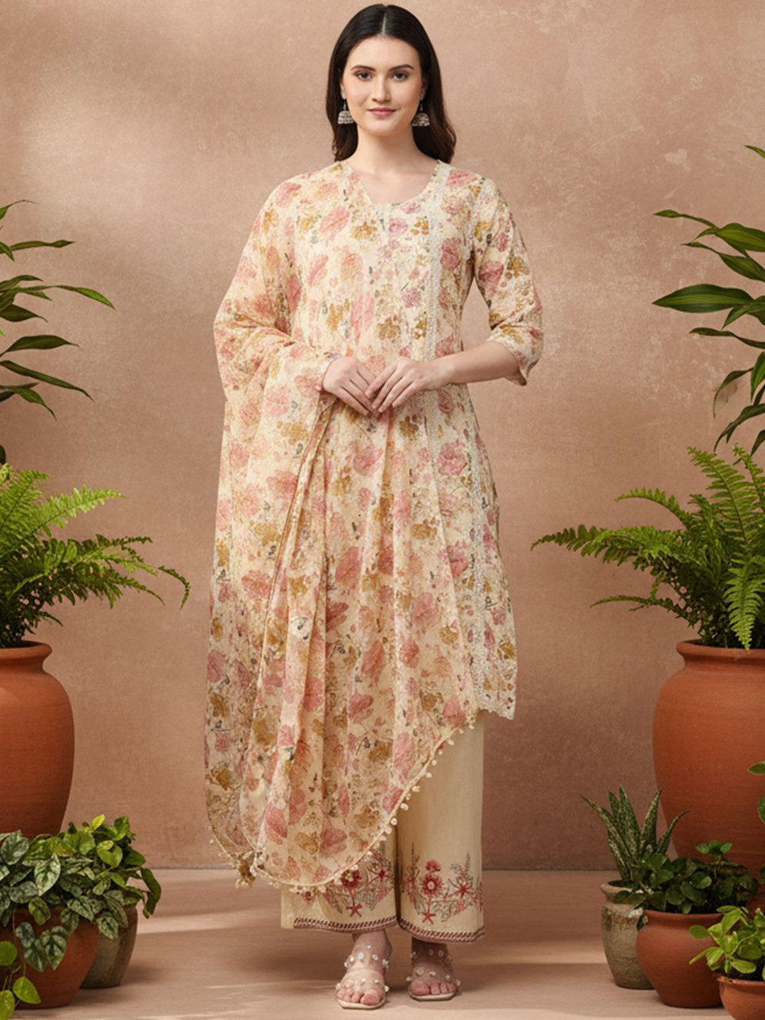 Aronita Women Printed Thread Work Pure Cotton Kurta with Palazzos & Dupatta