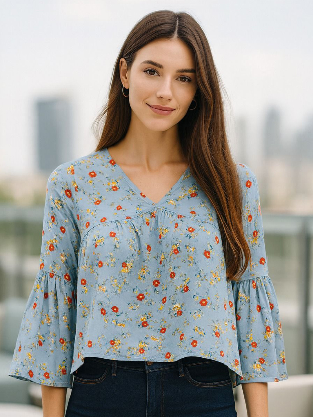 4WRD by Dressberry Women Floral Printed V-Neck High-Low Top