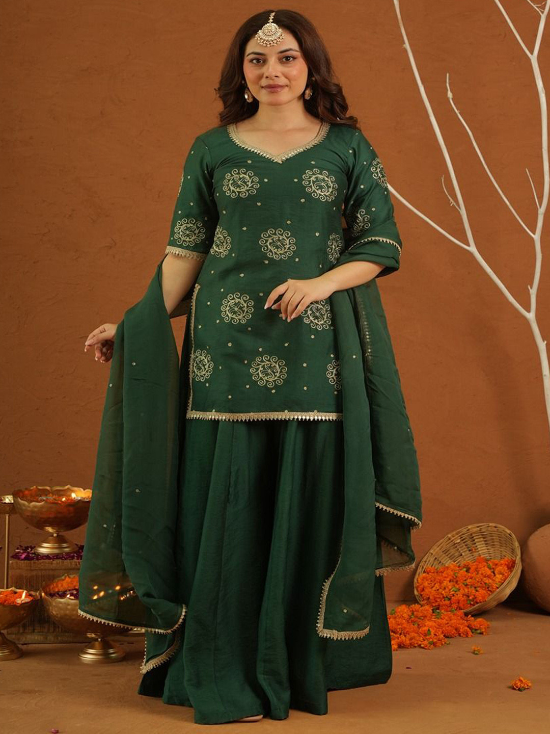 OneWe Women Embroidered Tarannum Green Muslin Zariwork Sharara Set with Trousers & Dupatta