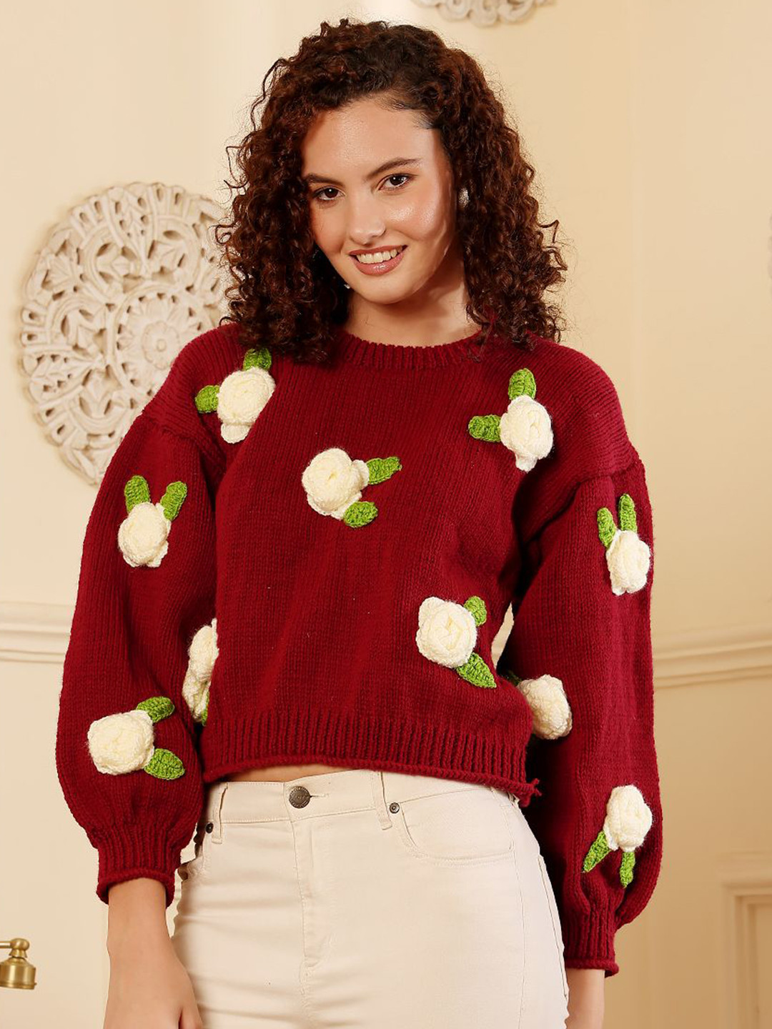 Velvery Women Embroidered Applique Long Sleeve Pullover