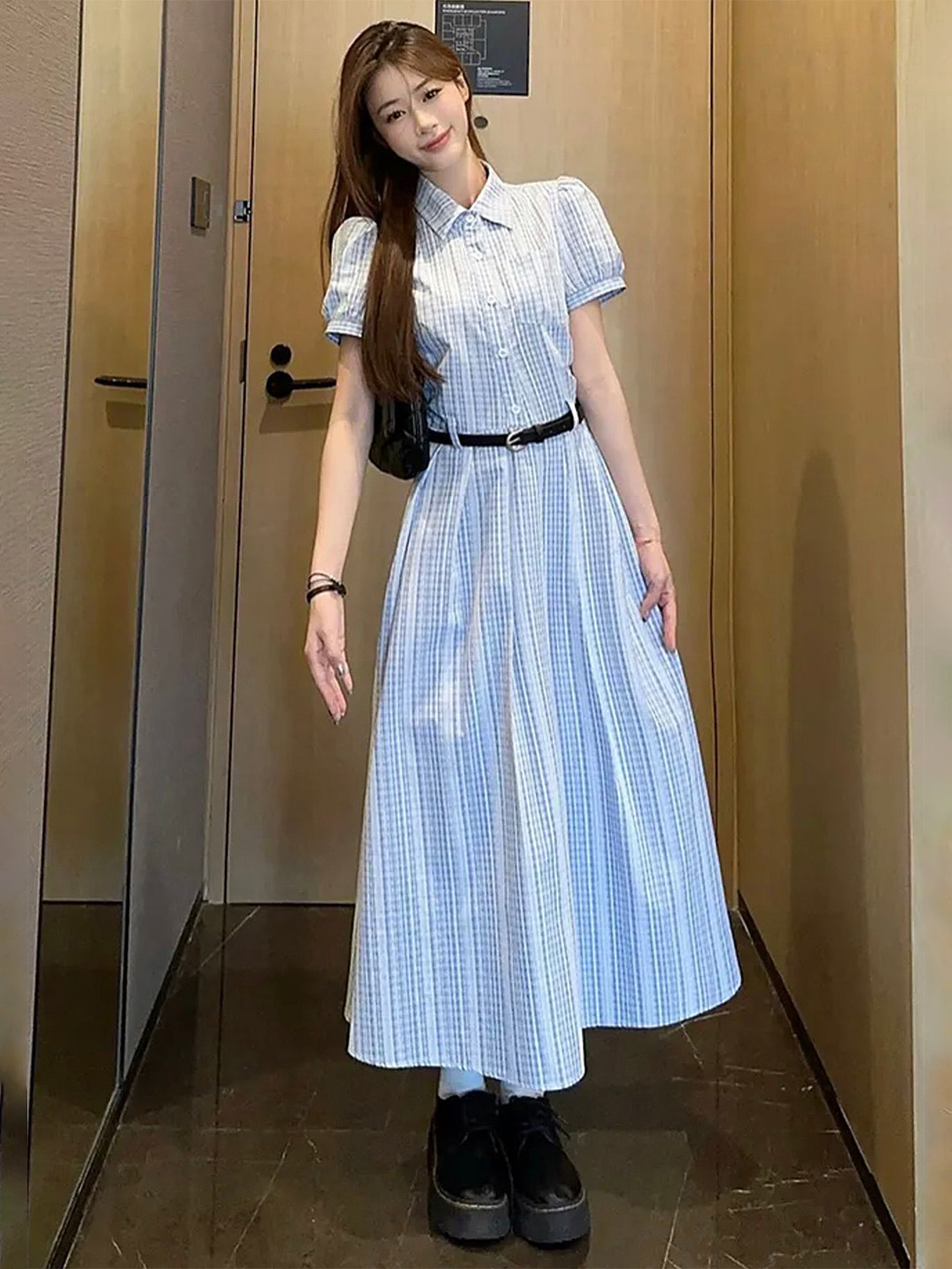LULU & SKY Women Checked Shirt Collar Puff Sleeve Fit And Flare Midi Dress With Belt