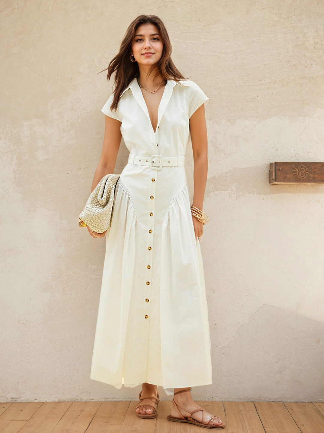 bebe Women Shirt Collar Belted Detail Maxi Shirt Dress