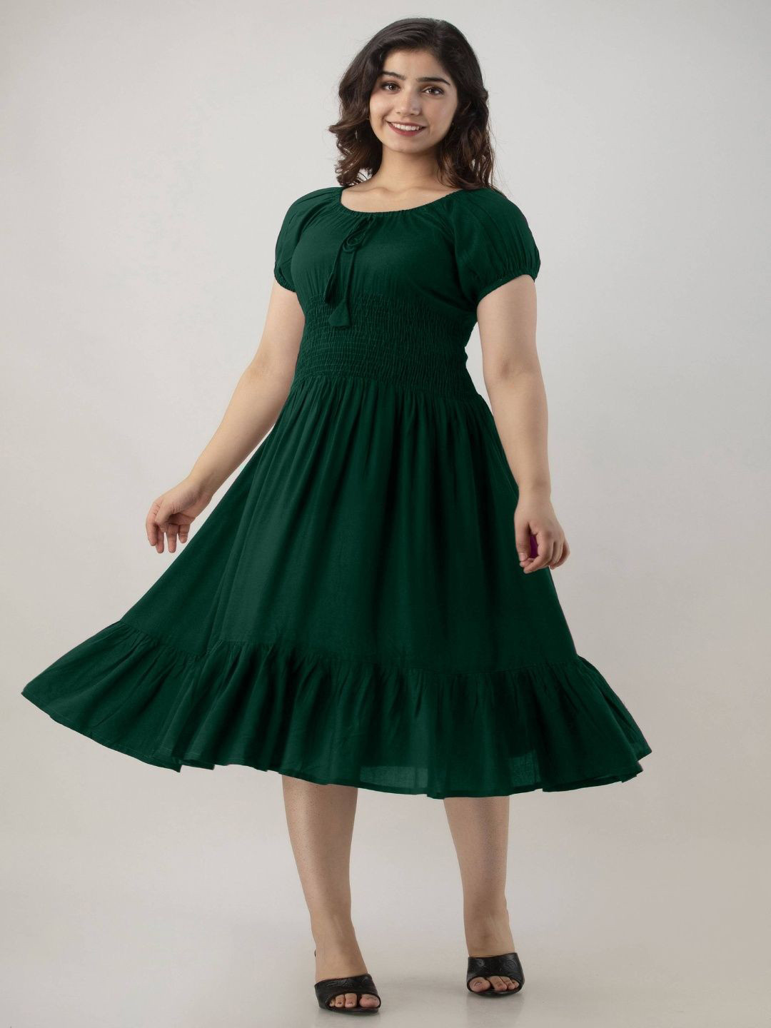 GREAT SELLER Women Round Neck Puff Sleeve Fit & Flare Dress