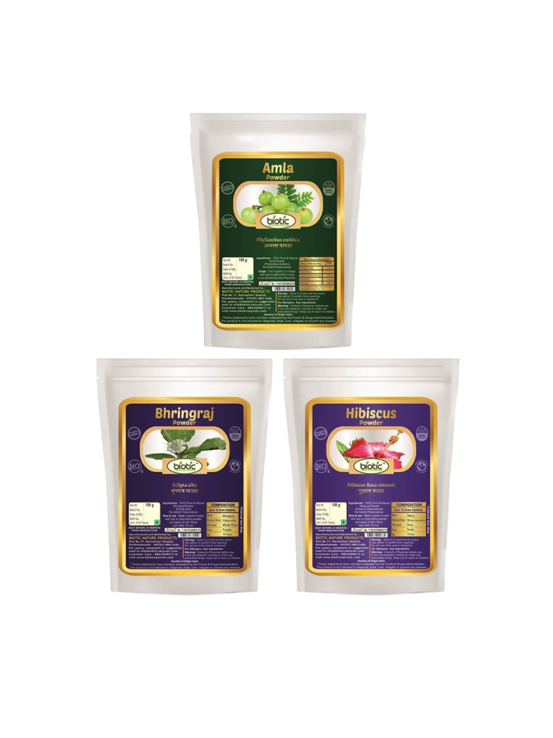 Biotic Set Of 3 Amla- Bhringraj & Hibiscus Powder Hair Mask- 100 g Each