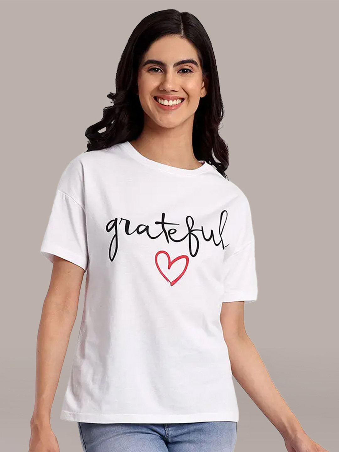 iki chic Women White Printed Drop-Shoulder Sleeves T-shirt