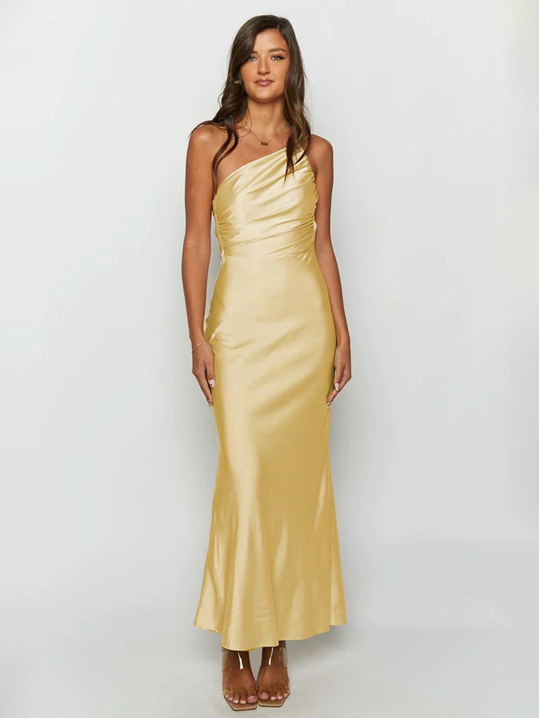 LULU & SKY Women Backless Asymmetric Neck Shoulder Straps Sheath Maxi Dress