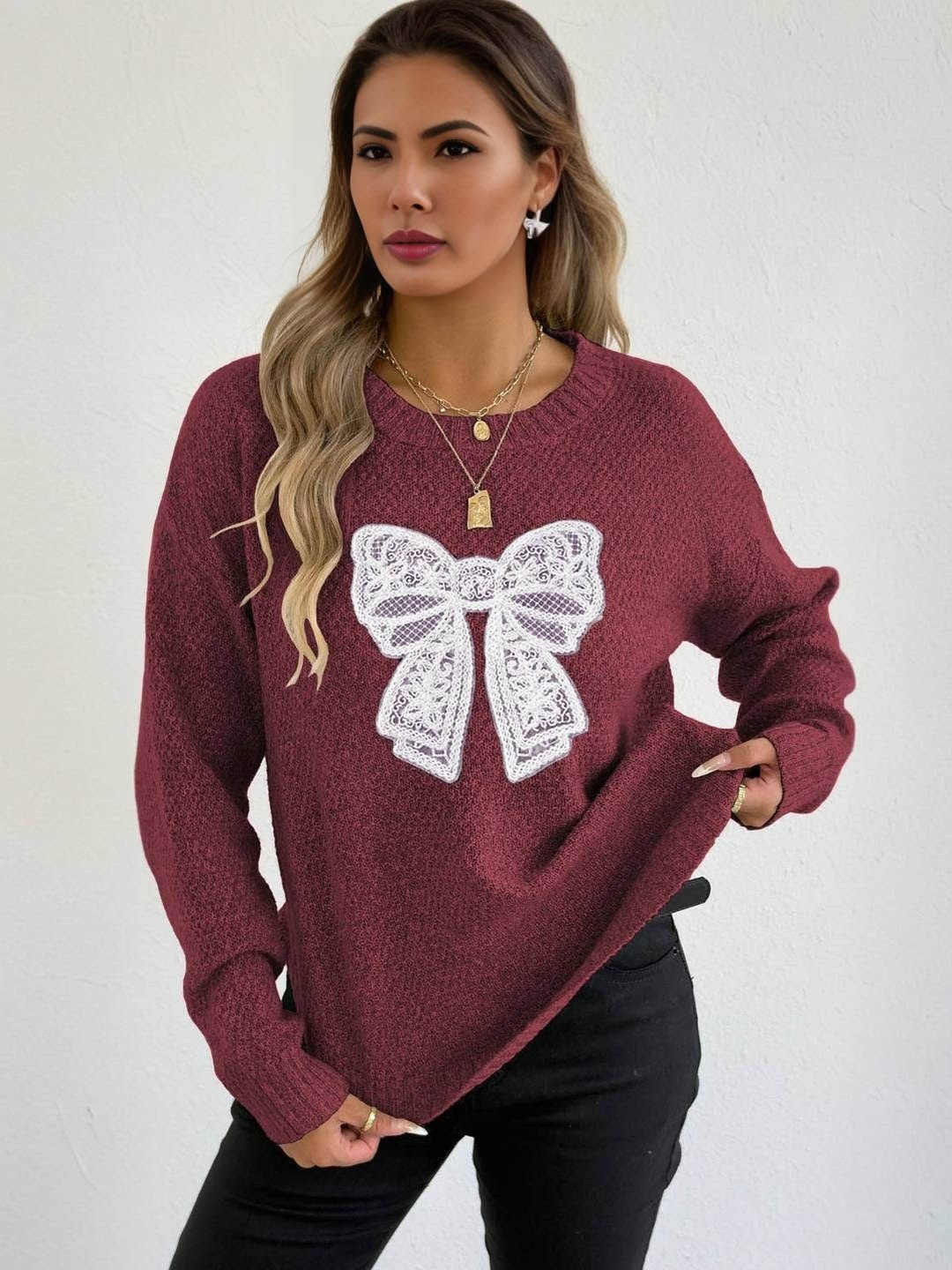 HERE&NOW Women Front Crochet Bow Sweaters