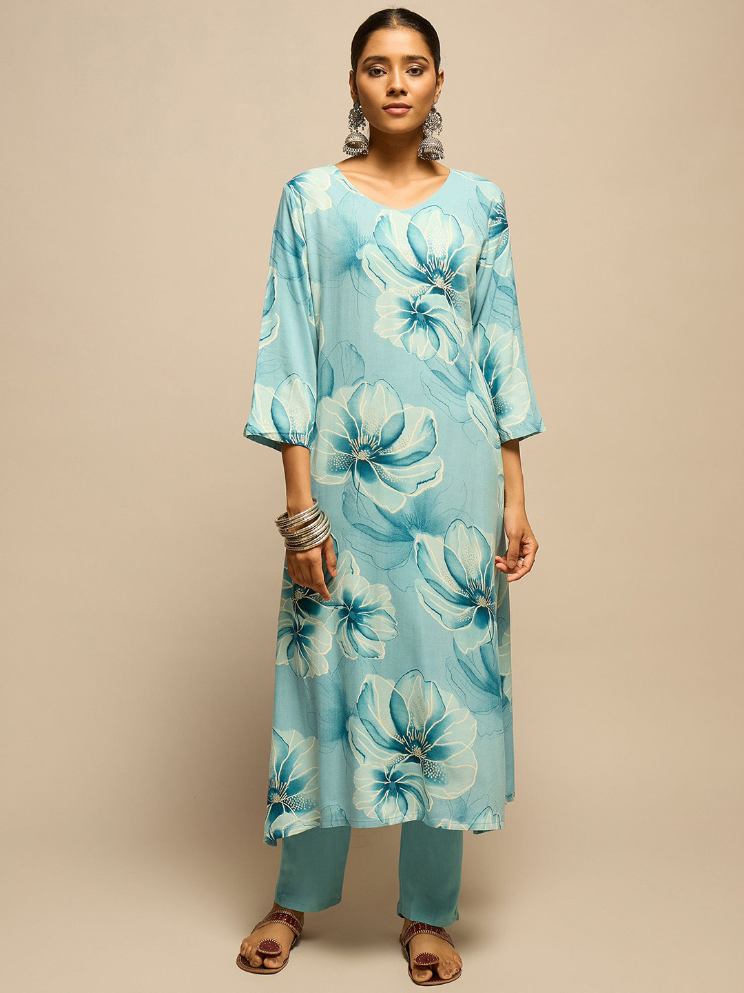 Anouk Rustic Floral Printed V-Neck A-Line Kurta With Trousers