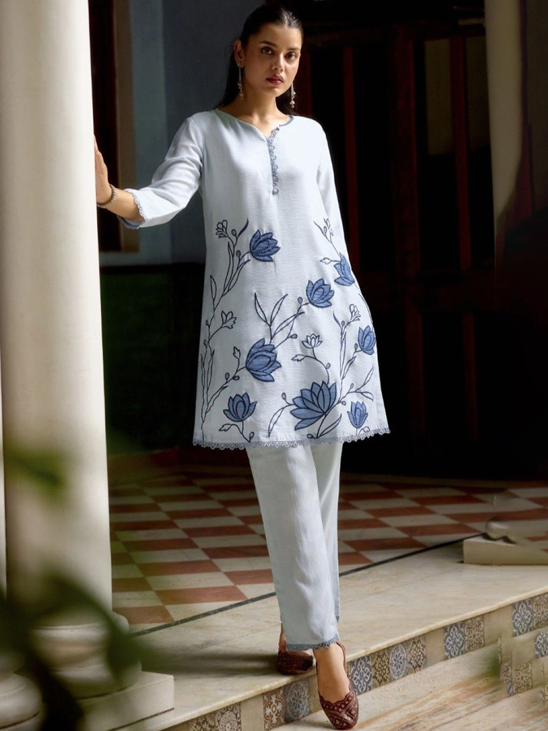 AUTUMN LANE Barista Hibis Embroidery Cotton Top & Trousers Co-Ords