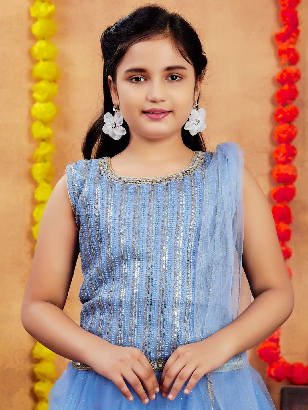 BAESD Girls Embroidered Sequinned Net Lehenga & Blouse With Dupatta