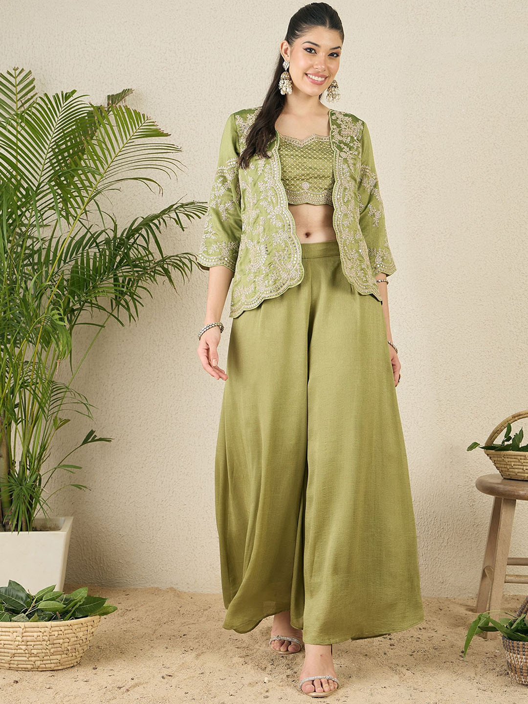 SERONA FABRICS Floral Embroidered Thread Work Top With Palazzo & Jacket