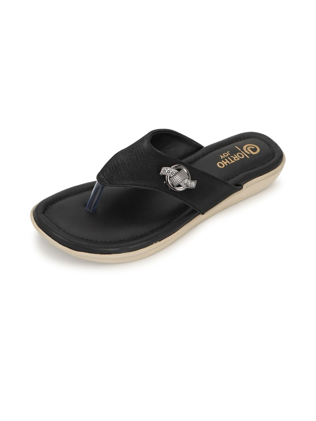 ORTHO JOY Women Black Slip-On Synthetic Leather Casual Comfort Sandals