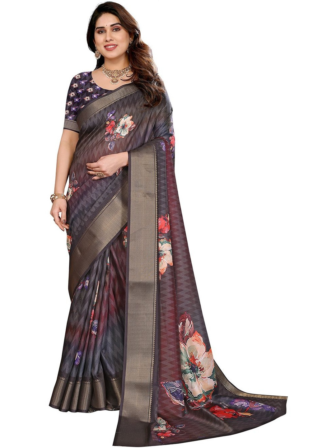 Moda Rapido Women Grey Dola Silk Digital Print Saree