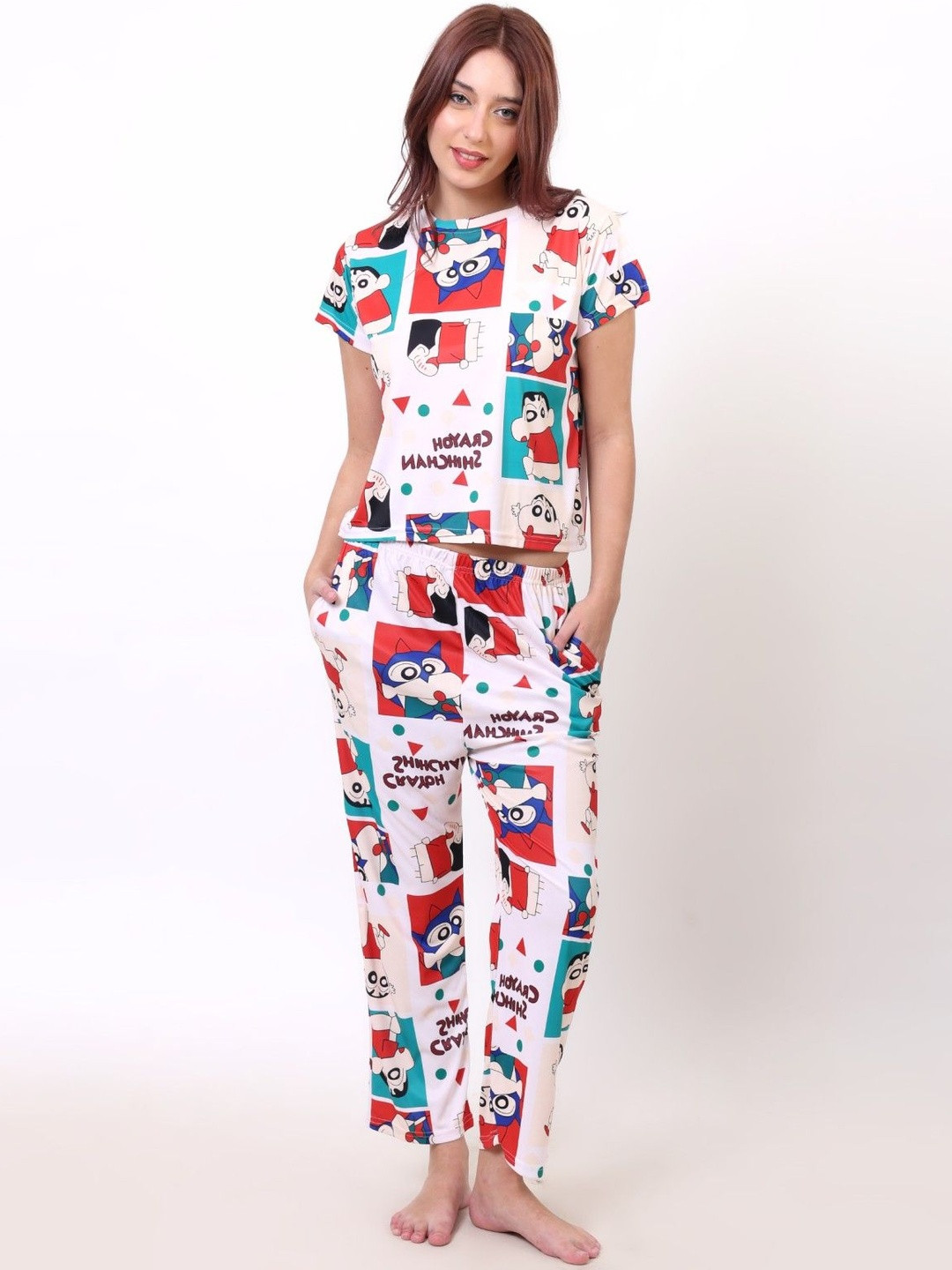 Clothus Women Red Cotton Blend Round Neck Cartoon Print Night Suit