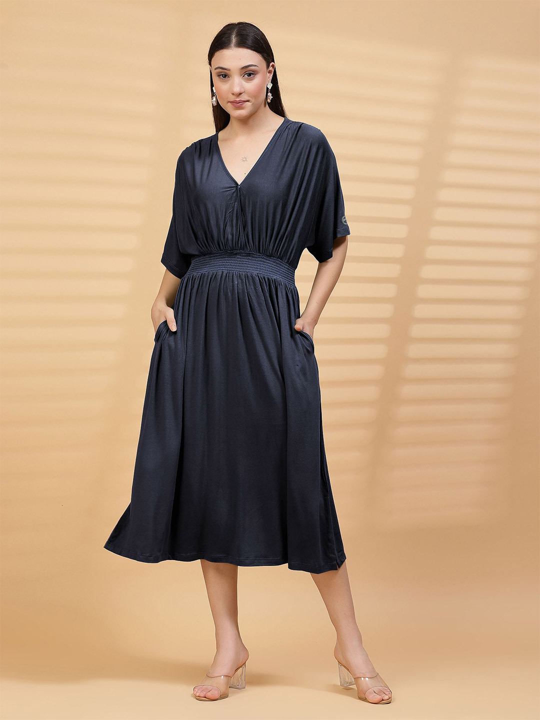 House Of Zelena Solid Smocked Extended Sleeves Maternity Dress