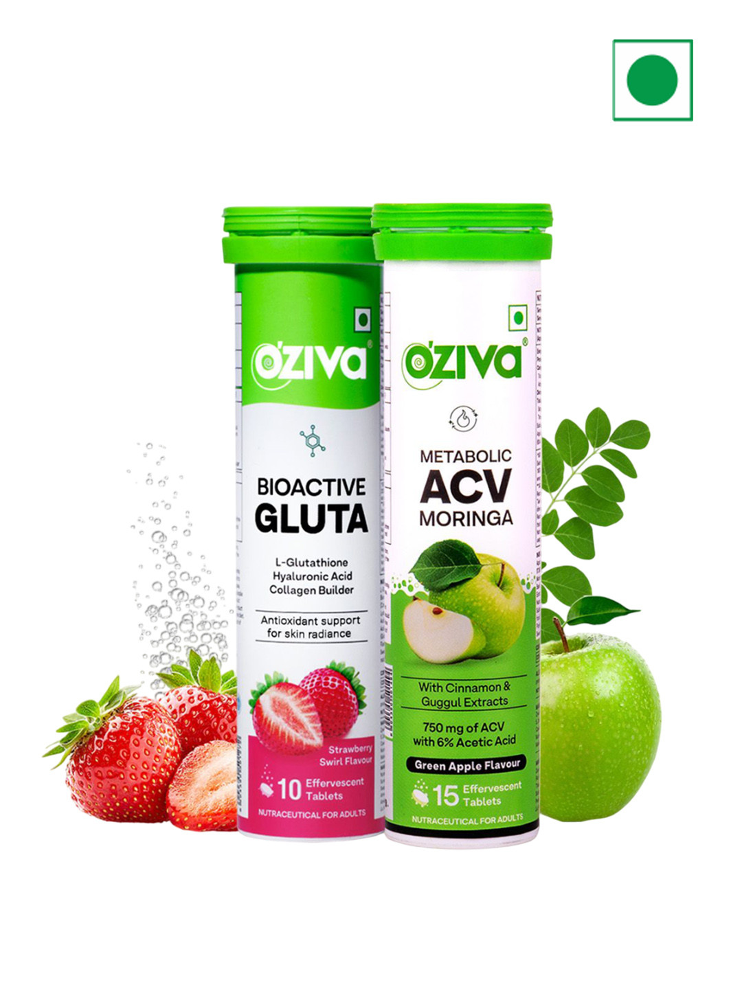 OZiva Set Of 2 Bioactve Gluta-10 Tablets- Strawberry & ACV Moringa Tablets- 15 Tablets