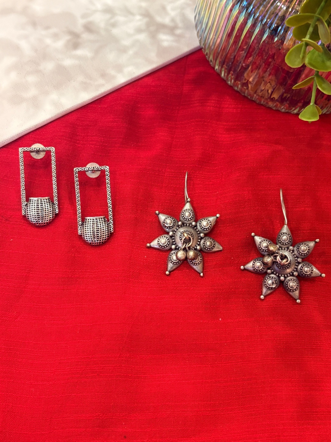 Niska Set of 2 Silver-Plated Ghungru Beaded Floral Shaped Oxidised Studs