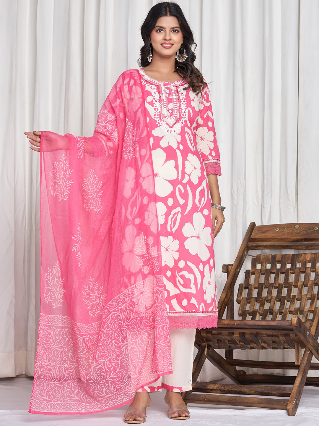 Ruaati Women Floral Hand Block Printed Mirror Work Kurta with Trousers & Dupatta