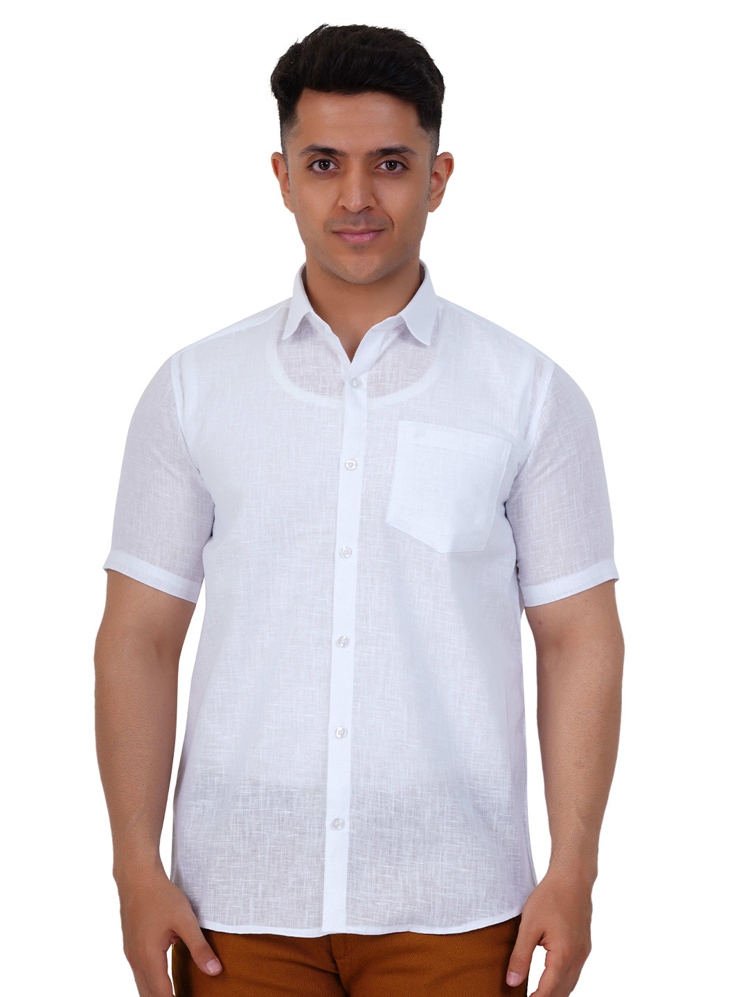 PRAKASAM COTTON Self Design Linen White Half Sleeve Formal Shirt