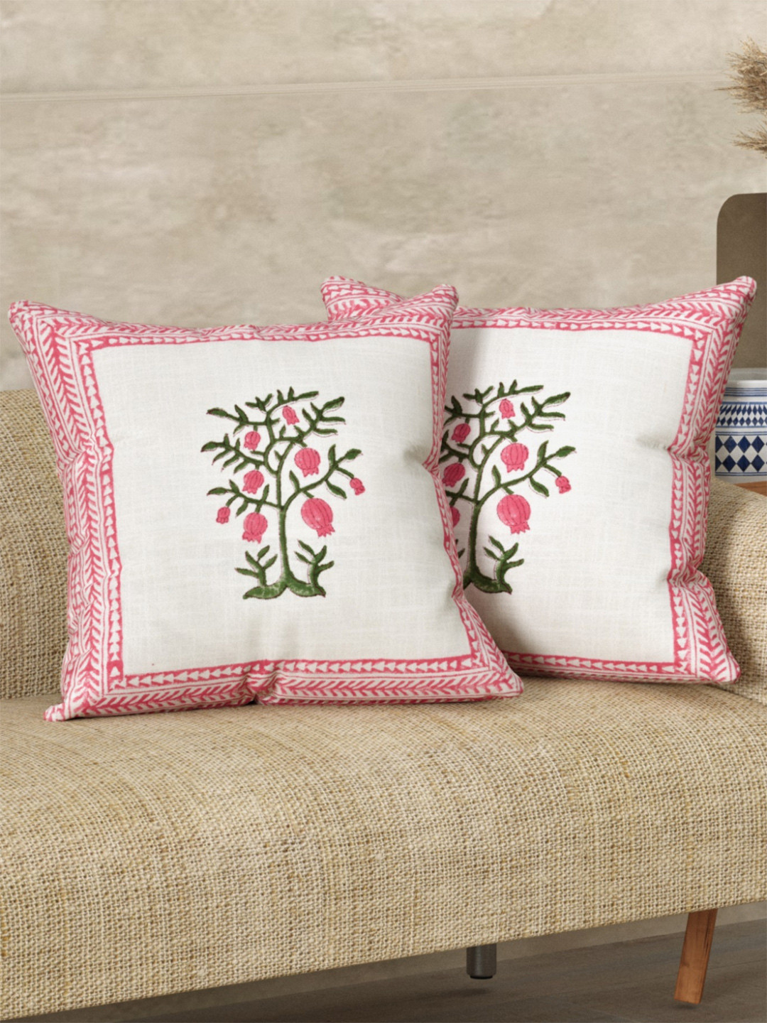 LIVING ROOTS Set Of 2 Hand Block Tree Booti Print Heavy Slub Cotton Cushion Covers