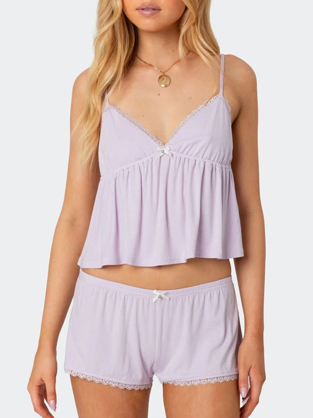 LULU & SKY Women Scallop Lace Shoulder Straps Cami & Shorts Night Suits