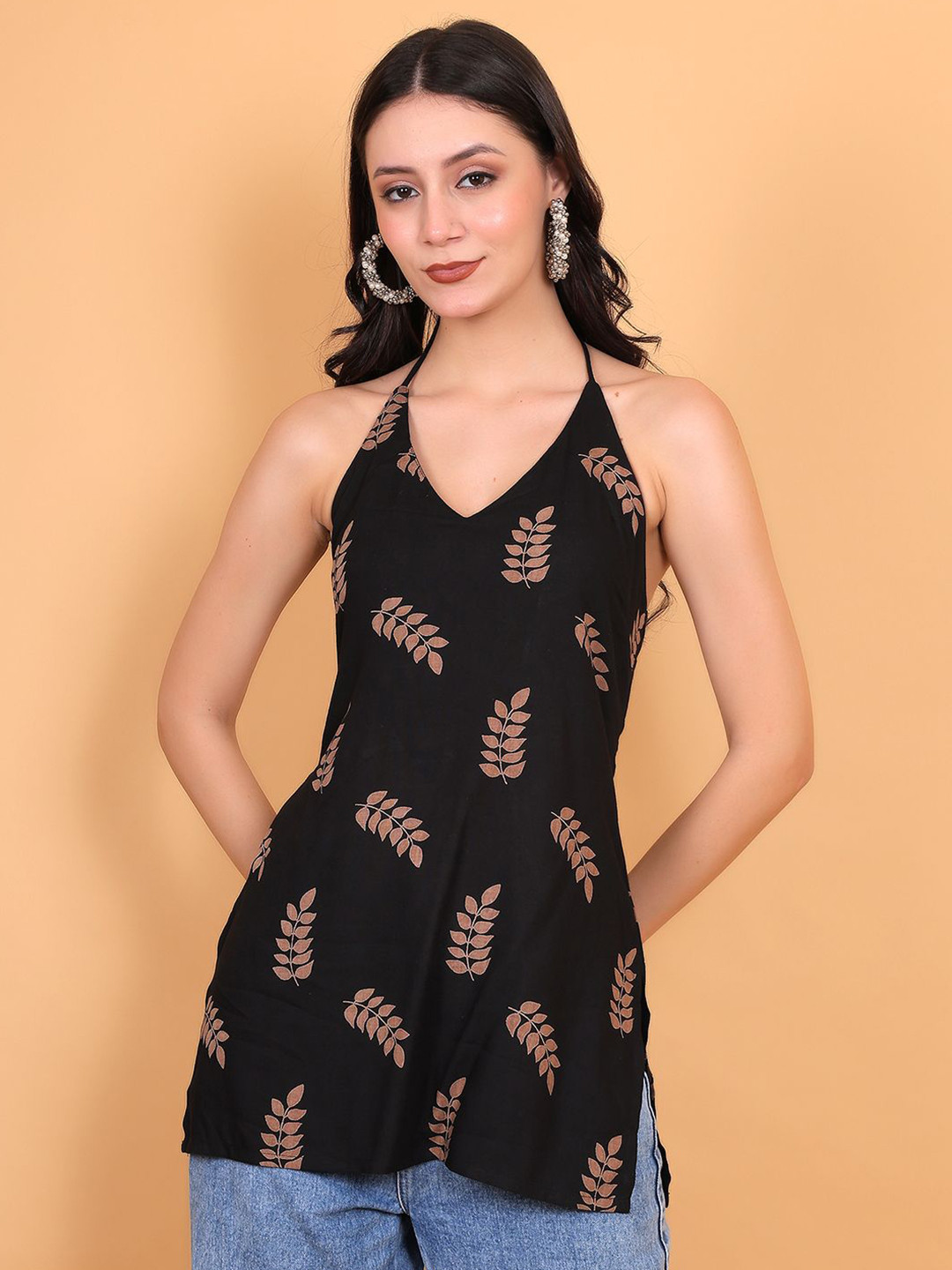 FIMS Ethnic Women Rayon Printed Ethnic Short  Kurti V-Neck Backless Criss-Cross Tie-Up