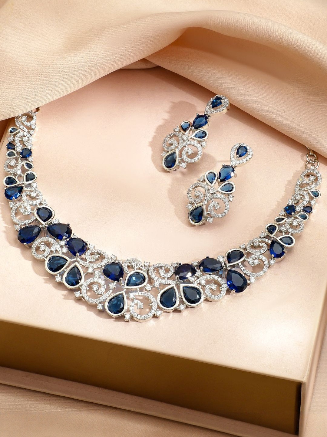 Rubans Rhodium-Plated Blue Sapphire Stone & Cubic Zirconia Statement Necklace Set