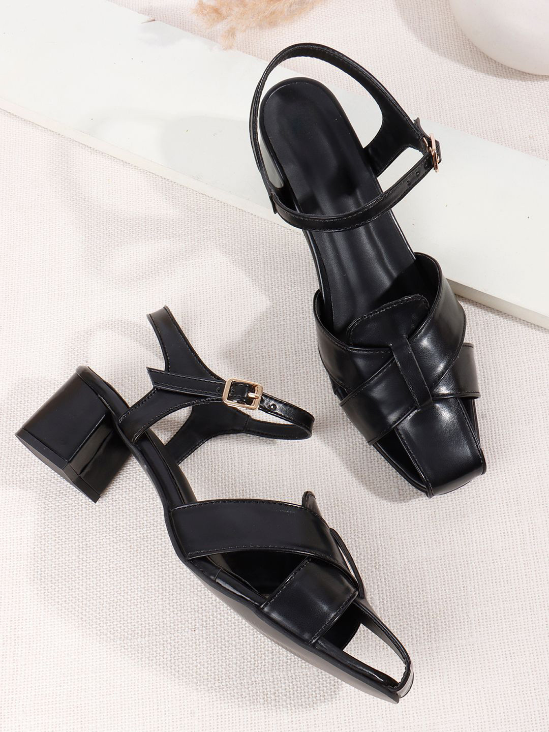 Try Me PU Women Block Sandals Heels with Buckles