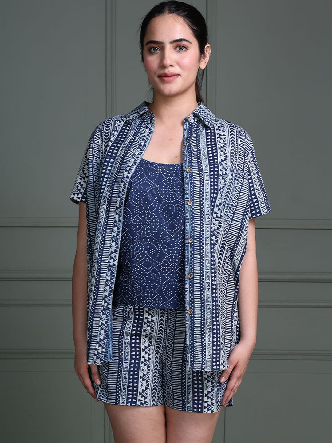 Peppinos Women 3 Piece Tribal Printed Shirt With Camisole And Shorts Co Ord Set