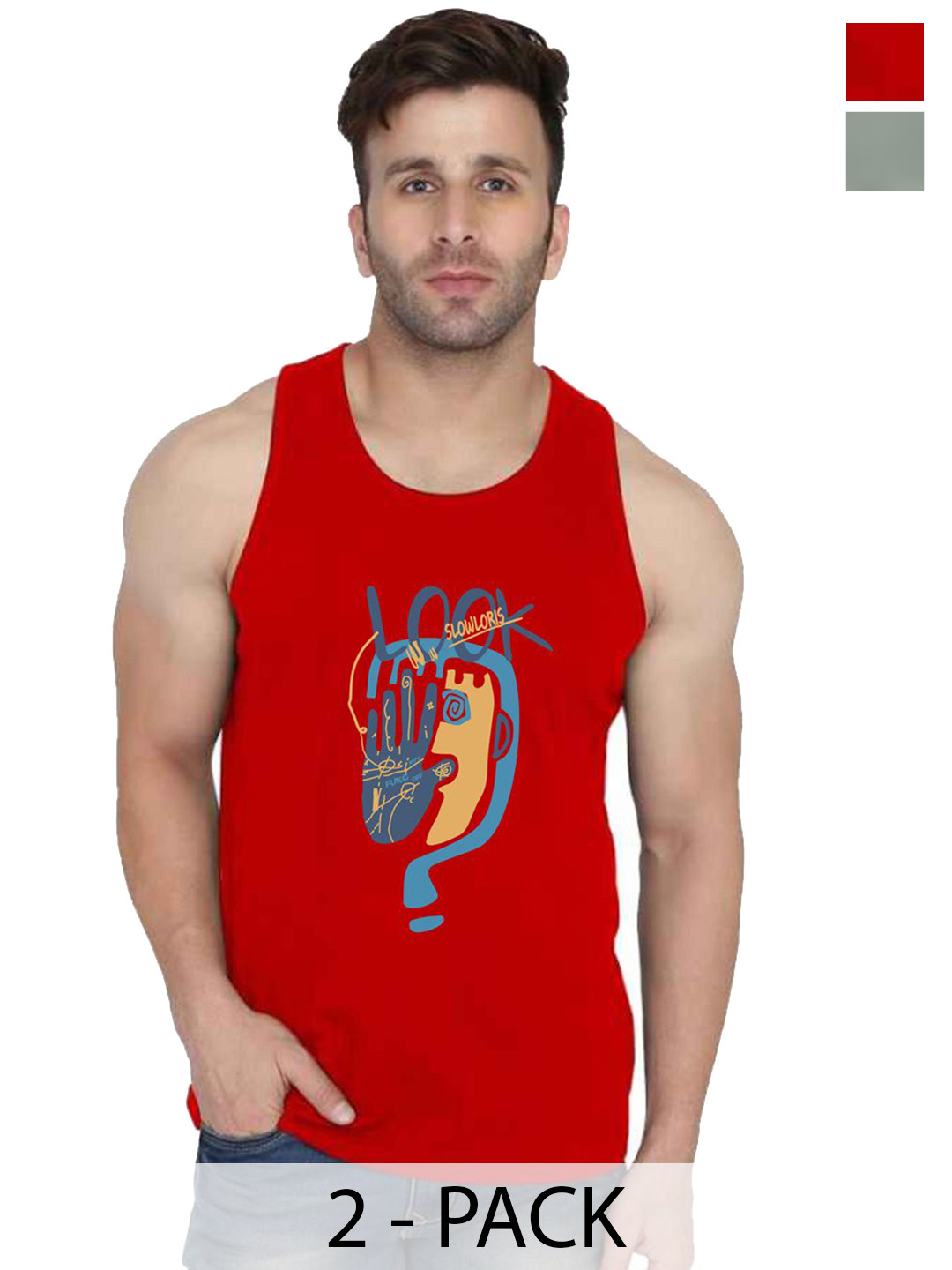 SLOWLORIS Pack Of 2 Graphic & Typography Printed Bio Wash Gym Innervests