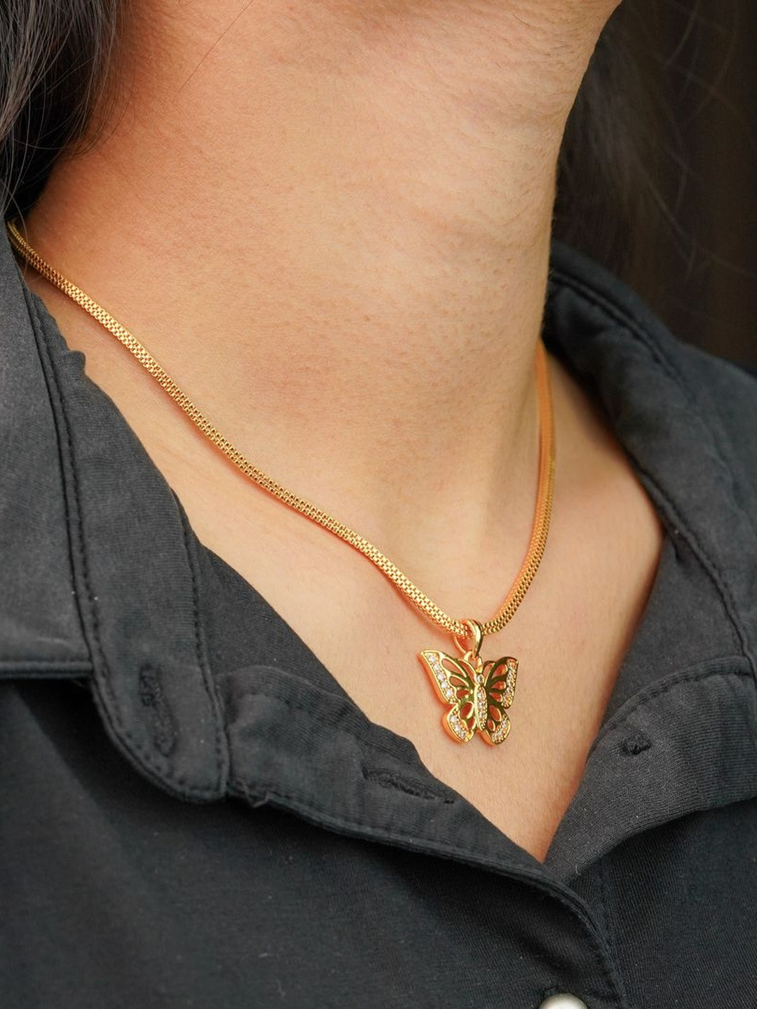 NKR GOLD Women 1 Gram Gold Butterfly Cubic Zirconia Studded Lightweight Chain