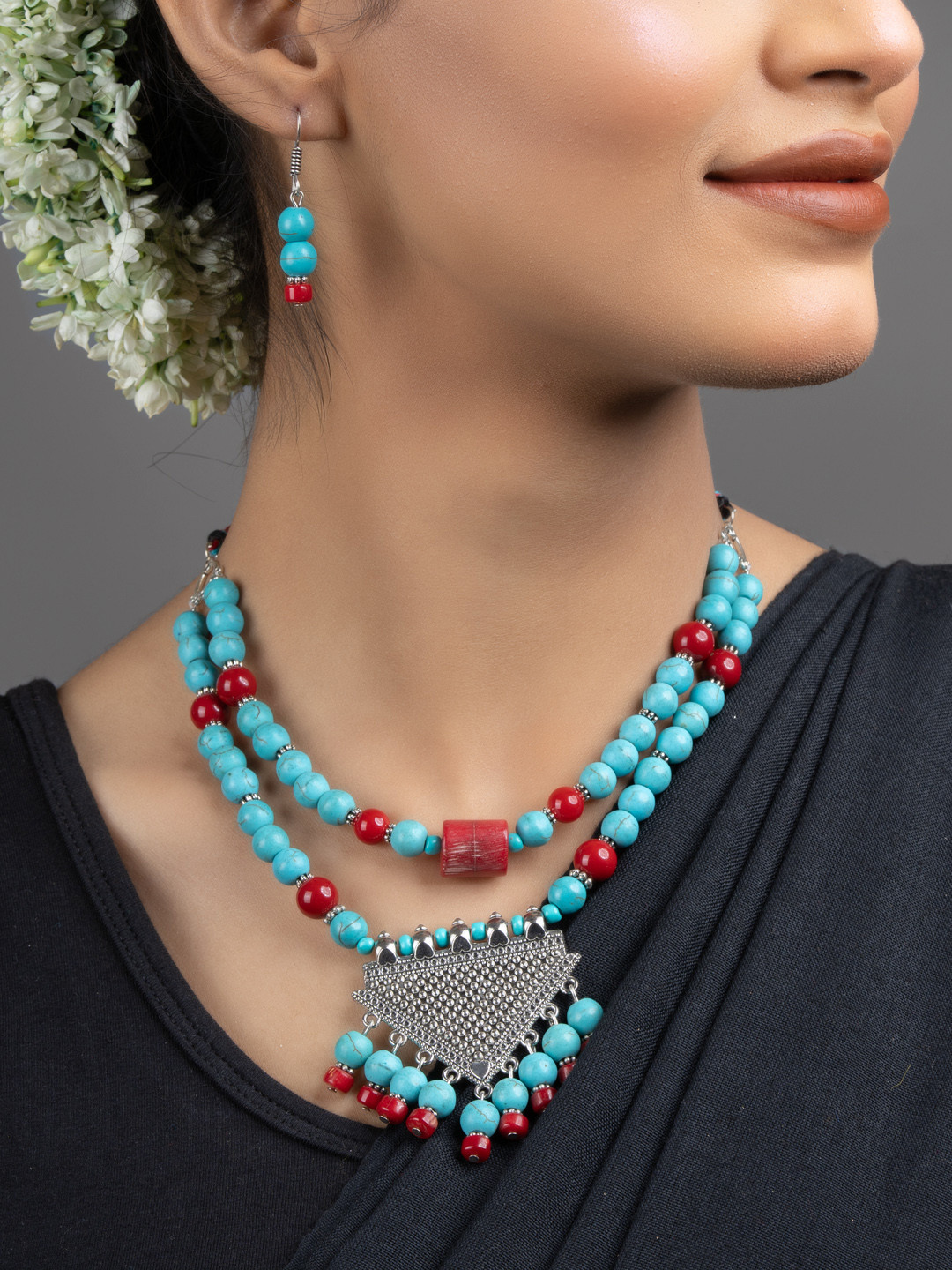 Look and Adorn Women Turquoise Blue & Red Double Layer German Silver Jewellery Set