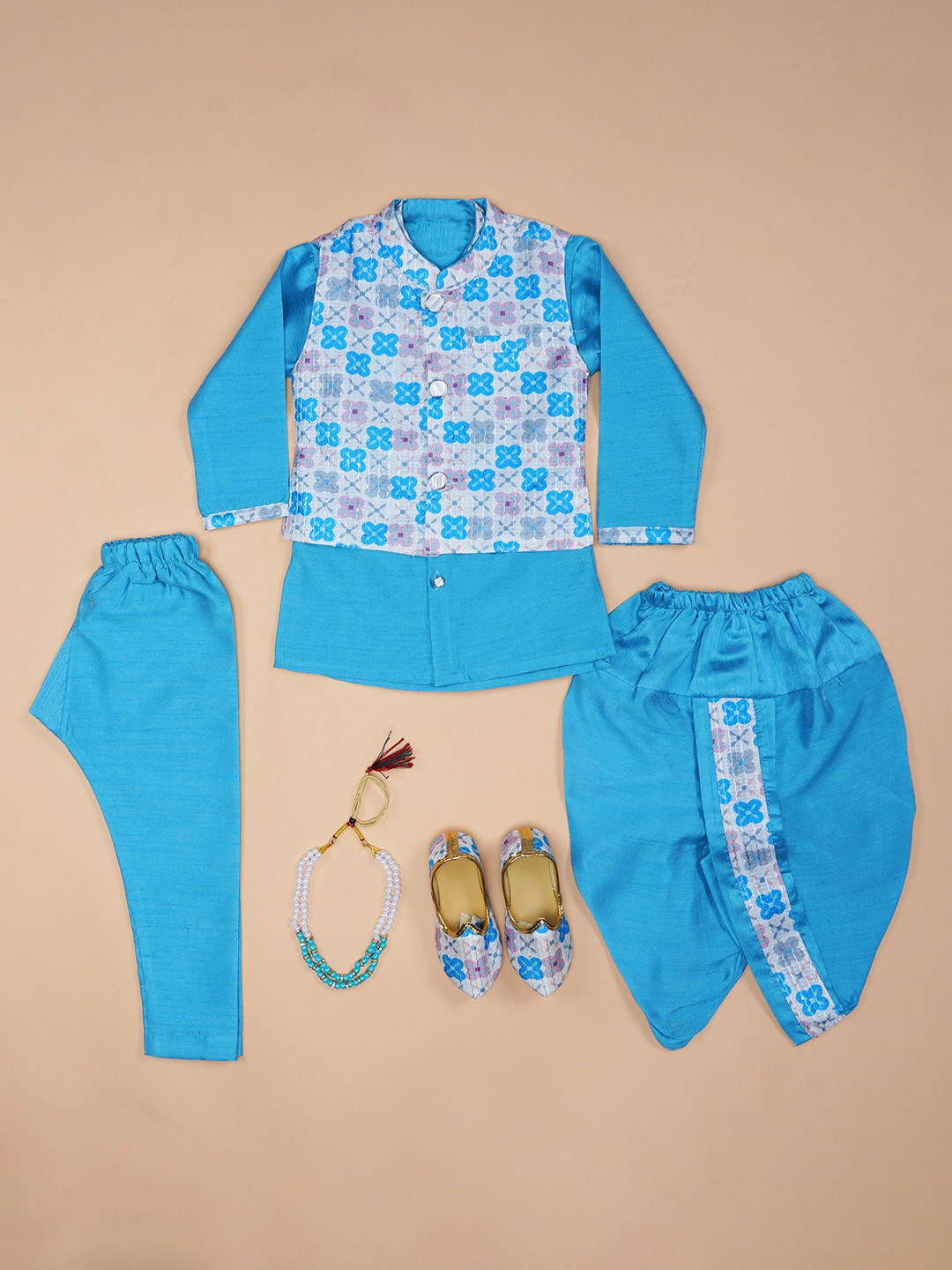 BAESD Boys Sky Blue Floral Embroidered Sequined Mandarin Collar Kurta Dhoti Set