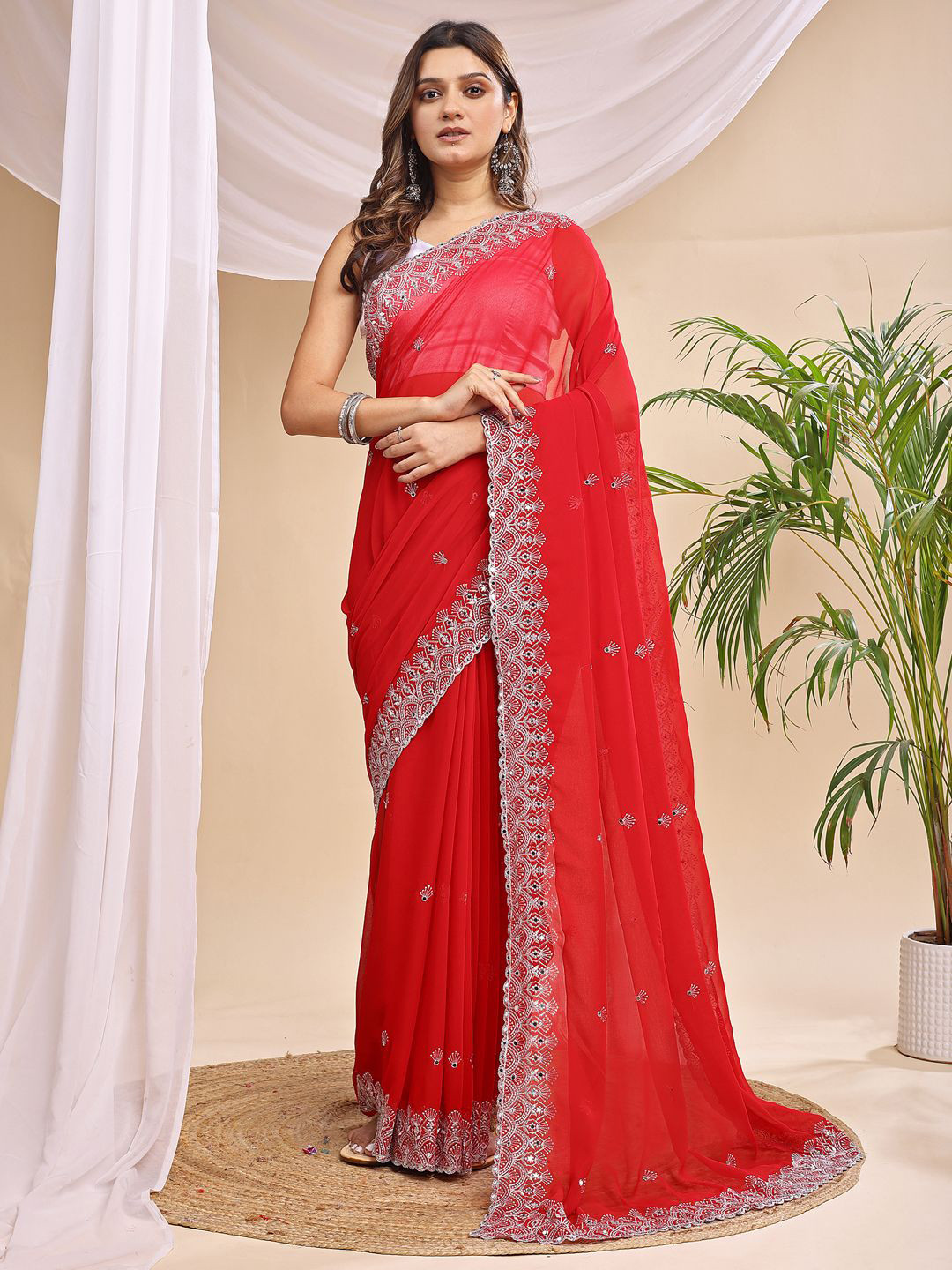 HESVI Embellished Mirror Work Pure Georgette Saree with Original Mirror Work