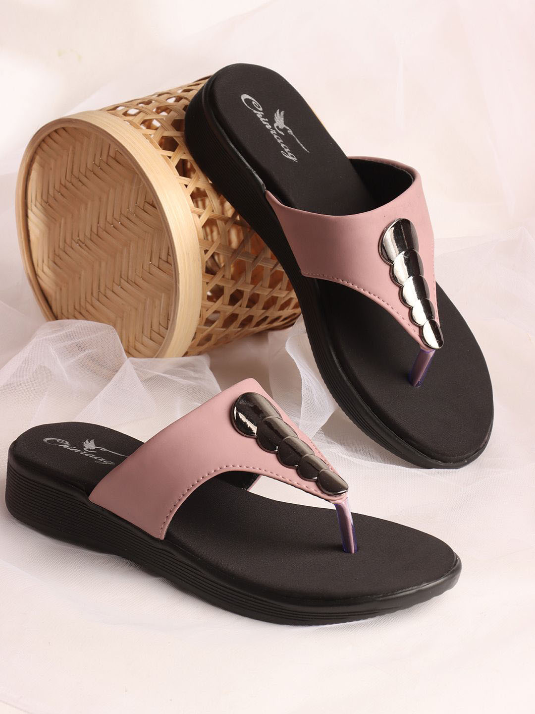 CHINRAAG Women Colourblocked Open Toe T-Strap Flats