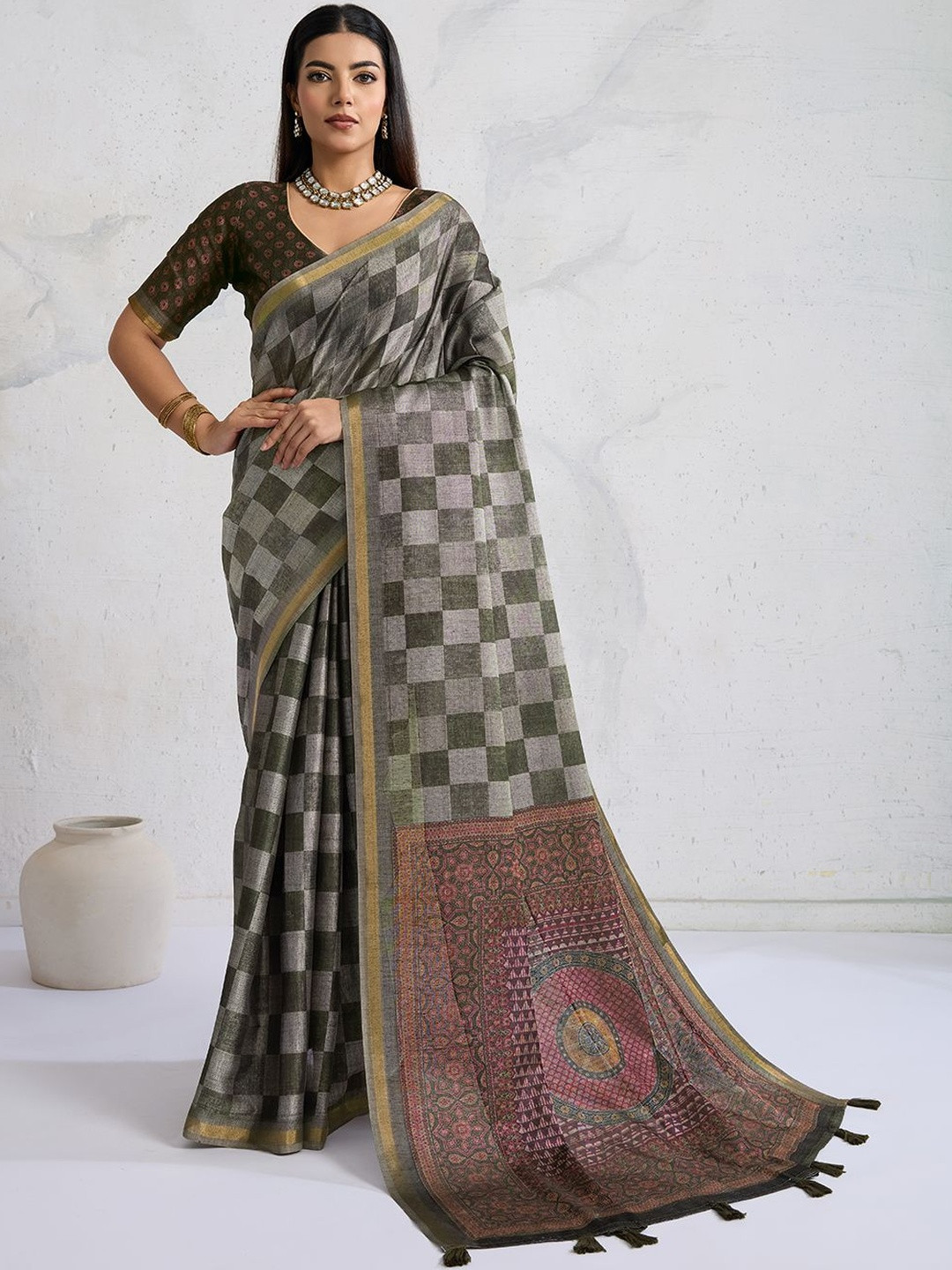 KALINI Checked Chettinad Ajrakh Printed Saree Pallu With Tassels