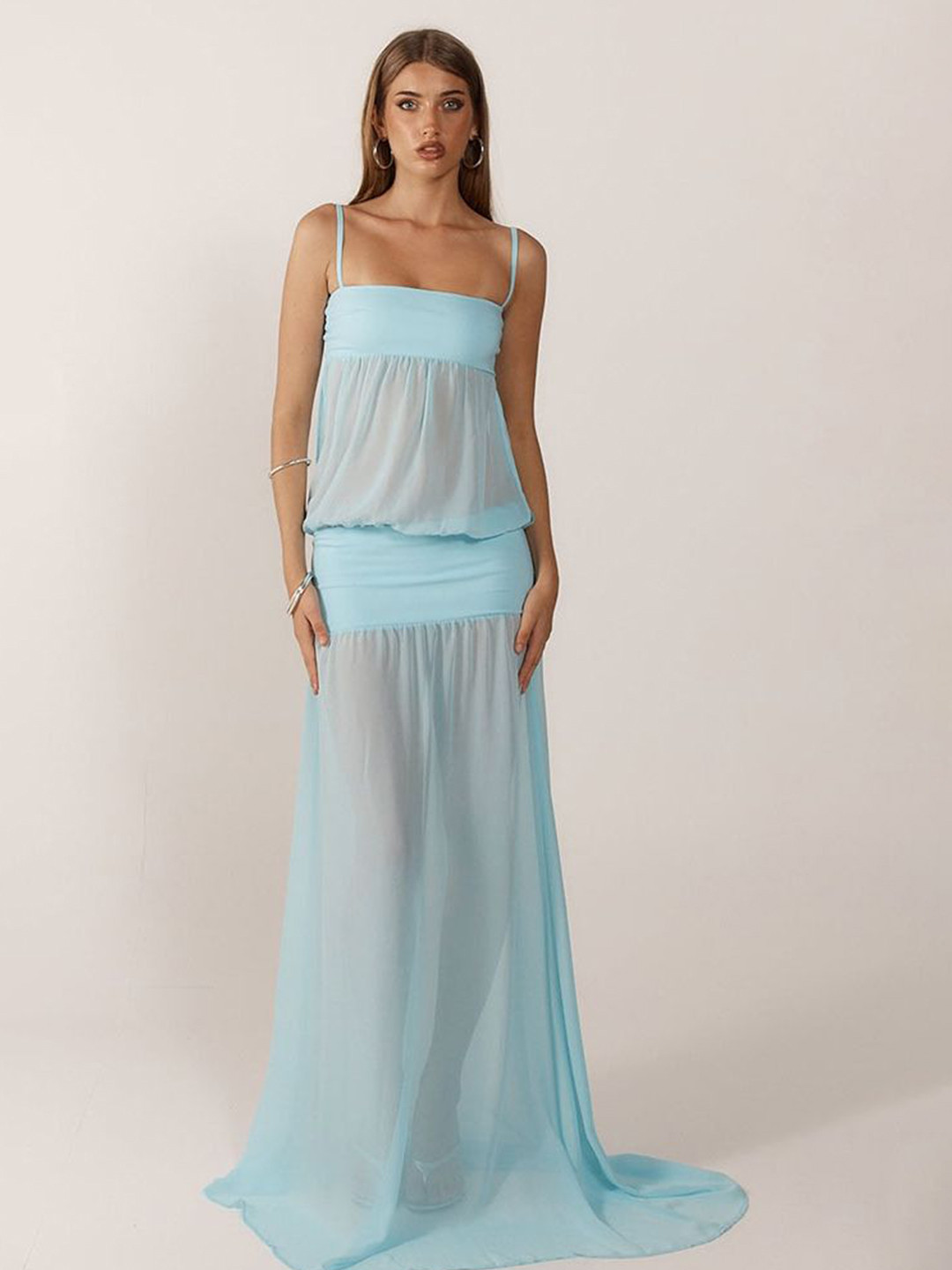 LULU & SKY Women Solid Gathered or Pleated Sheer Maxi Dress