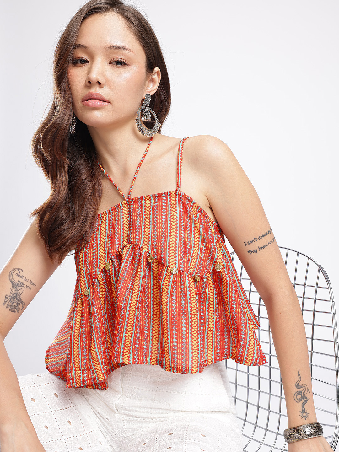 Geometric Striped Tie-Up Neck Crop A-Line Top